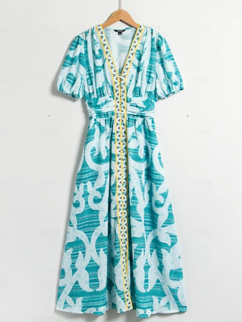 Ador Turquoise Patterned Puff Sleeve V-Neck Maxi Dress Linen-like fabric Size M